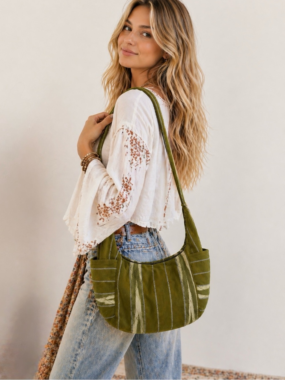 Bohemian  HOBO 100% cotton barrel type bag, green beige striped zipper